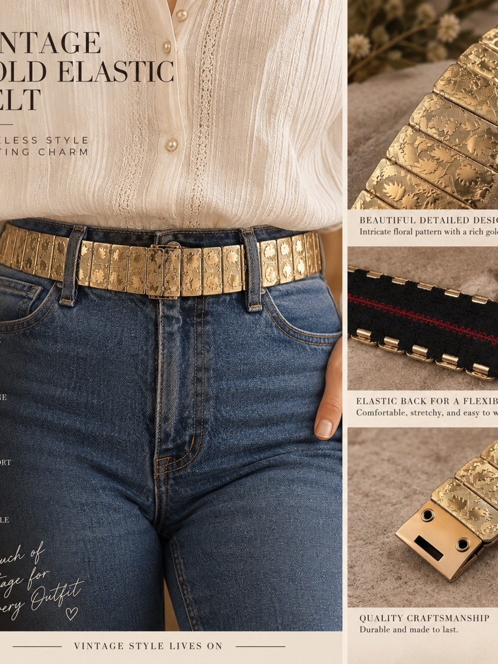 Vintage Gold Floral-Link Elastic Belt